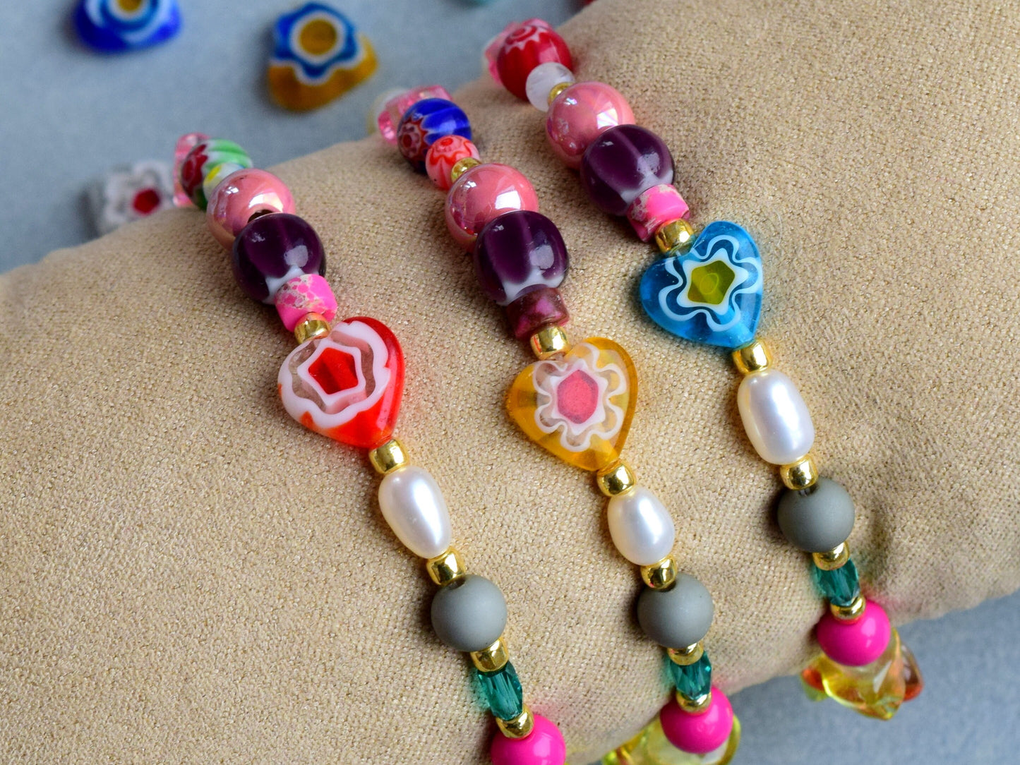 Freshwater pearl bracelet gold, colorful bracelet beads, mixed bead and mixed pearl, best friend gift ideas, unique bracelet millefiori