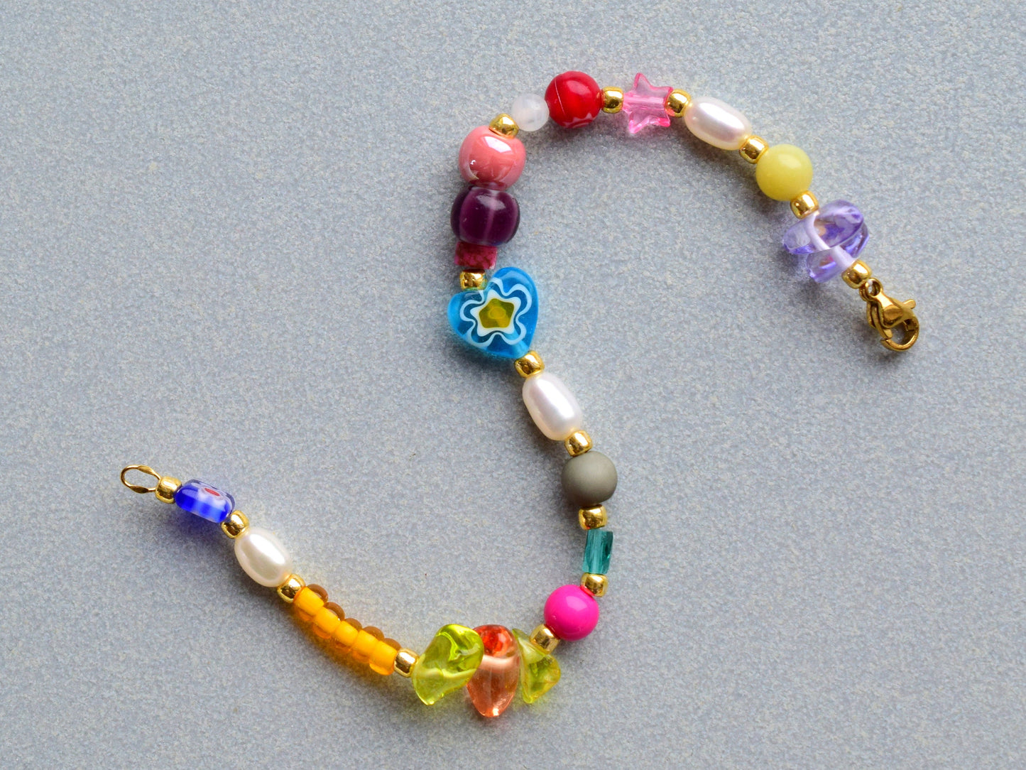 Freshwater pearl bracelet gold, colorful bracelet beads, mixed bead and mixed pearl, best friend gift ideas, unique bracelet millefiori