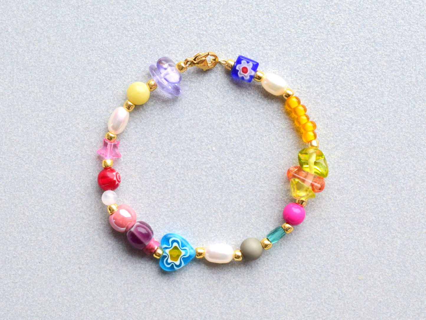 Freshwater pearl bracelet gold, colorful bracelet beads, mixed bead and mixed pearl, best friend gift ideas, unique bracelet millefiori