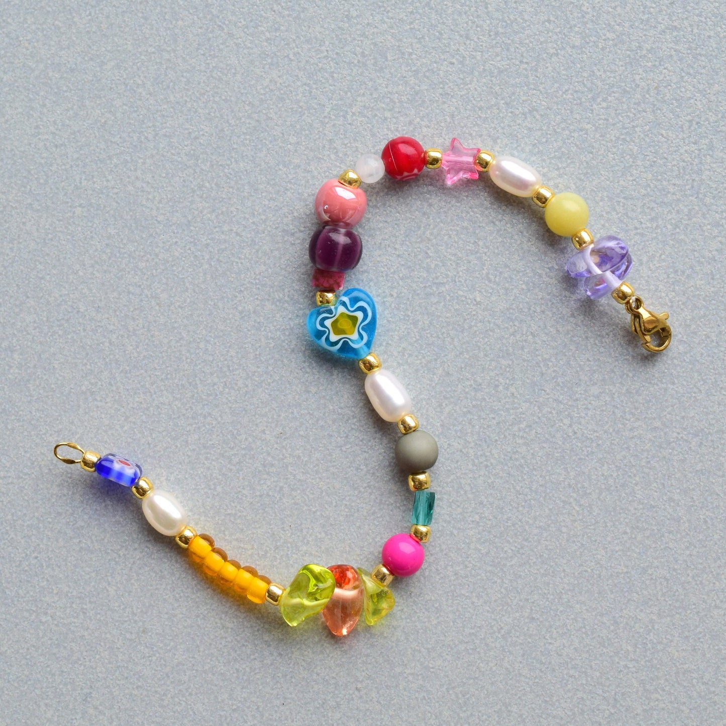 Freshwater pearl bracelet gold, colorful bracelet beads, mixed bead and mixed pearl, best friend gift ideas, unique bracelet millefiori