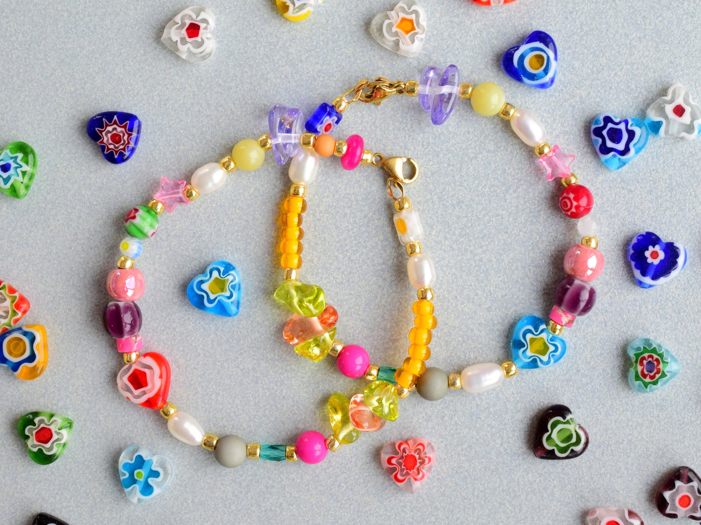 Freshwater pearl bracelet gold, colorful bracelet beads, mixed bead and mixed pearl, best friend gift ideas, unique bracelet millefiori