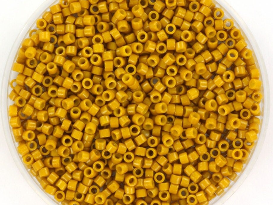 Miyuki Delica beads duracoat opaque dyed hawthorne, 5g 11/0 color DB 2106, cylindrical beads, Miyuki opaque mustard yellow DB2106