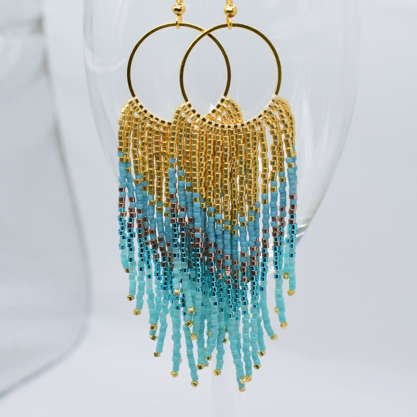 Gold and blue fringe earrings, beaded earrings dangle, evening jewelry, long earrings gold, peacock feathers earrings, birthday gift for her