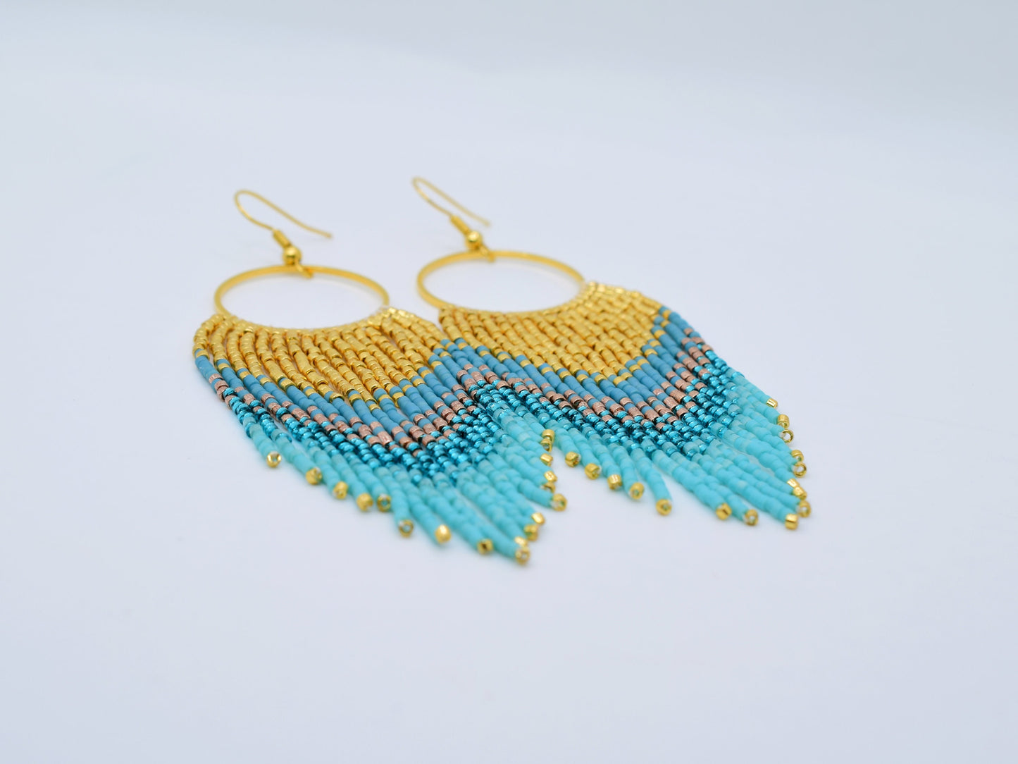 Gold and blue fringe earrings, beaded earrings dangle, evening jewelry, long earrings gold, peacock feathers earrings, birthday gift for her