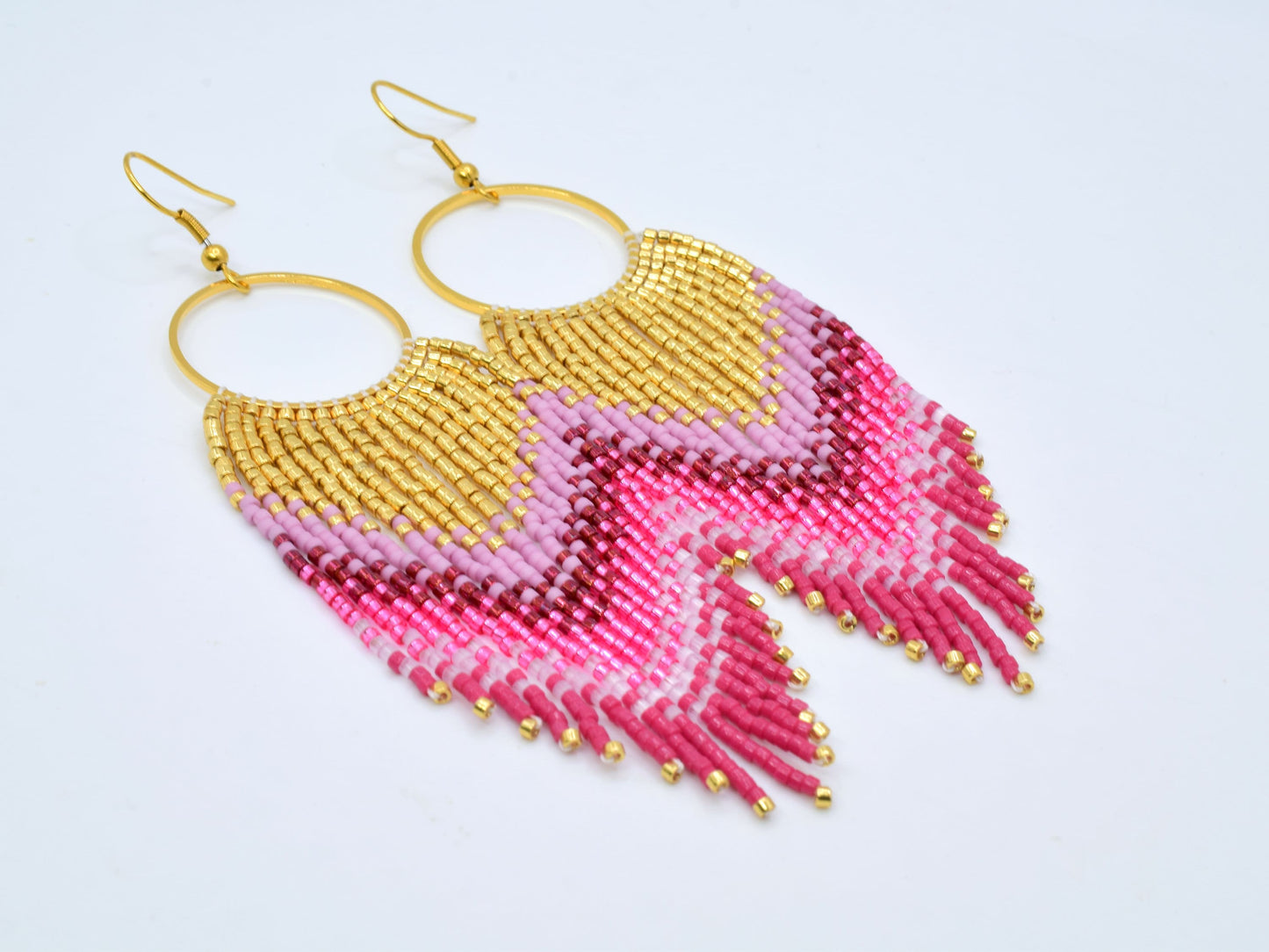 Gold and pink fringe earrings, beaded earrings dangle, evening jewelry, long earrings gold, large boho earrings, birthday gift for her