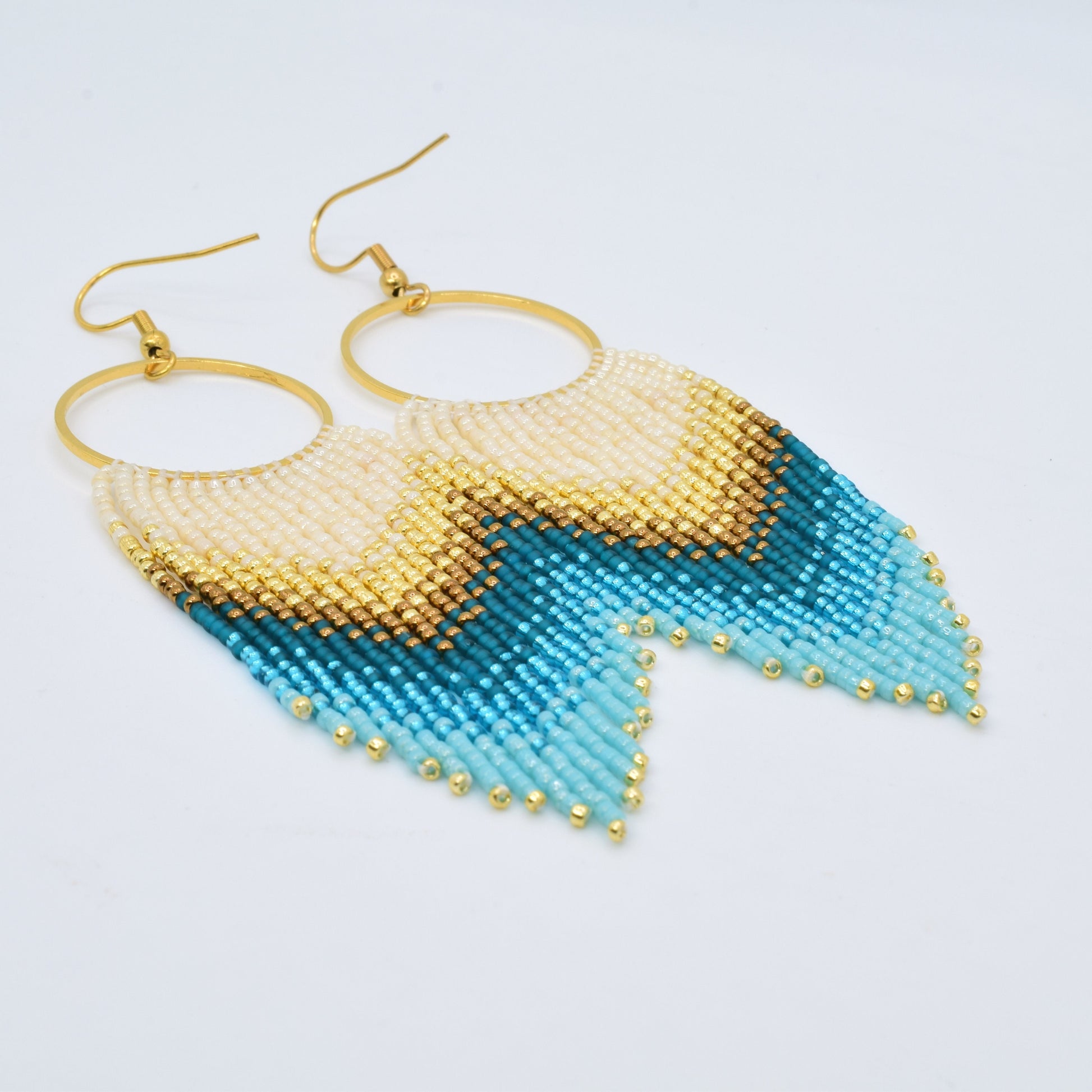 Gold and blue fringe earrings, beaded earrings dangle, evening jewelry, long earrings gold, Valentines earrings dangle, boho earrings