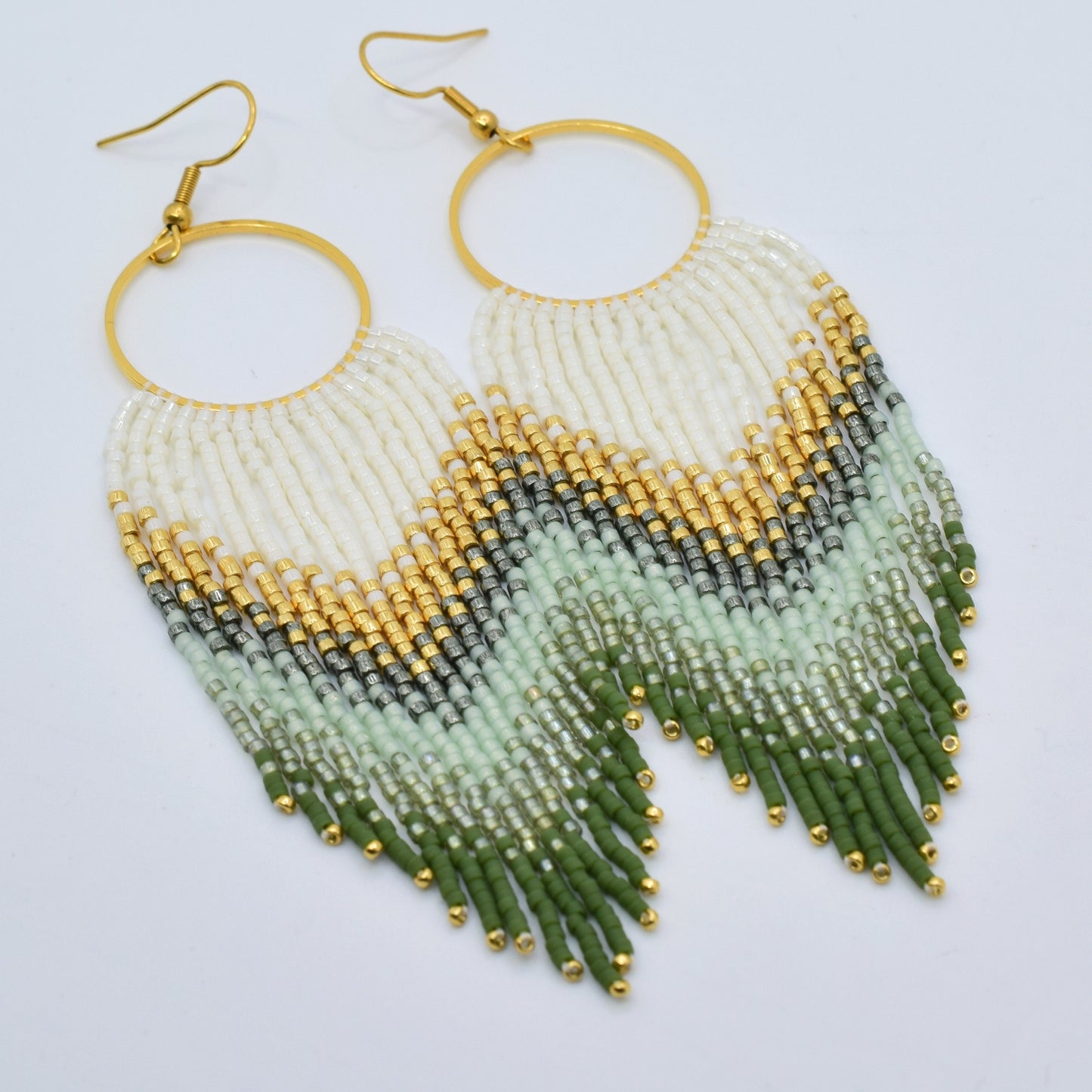 Gold and green fringe earrings, beaded earrings dangle, evening jewelry, long earrings gold, ombre earrings, birthday gift for her