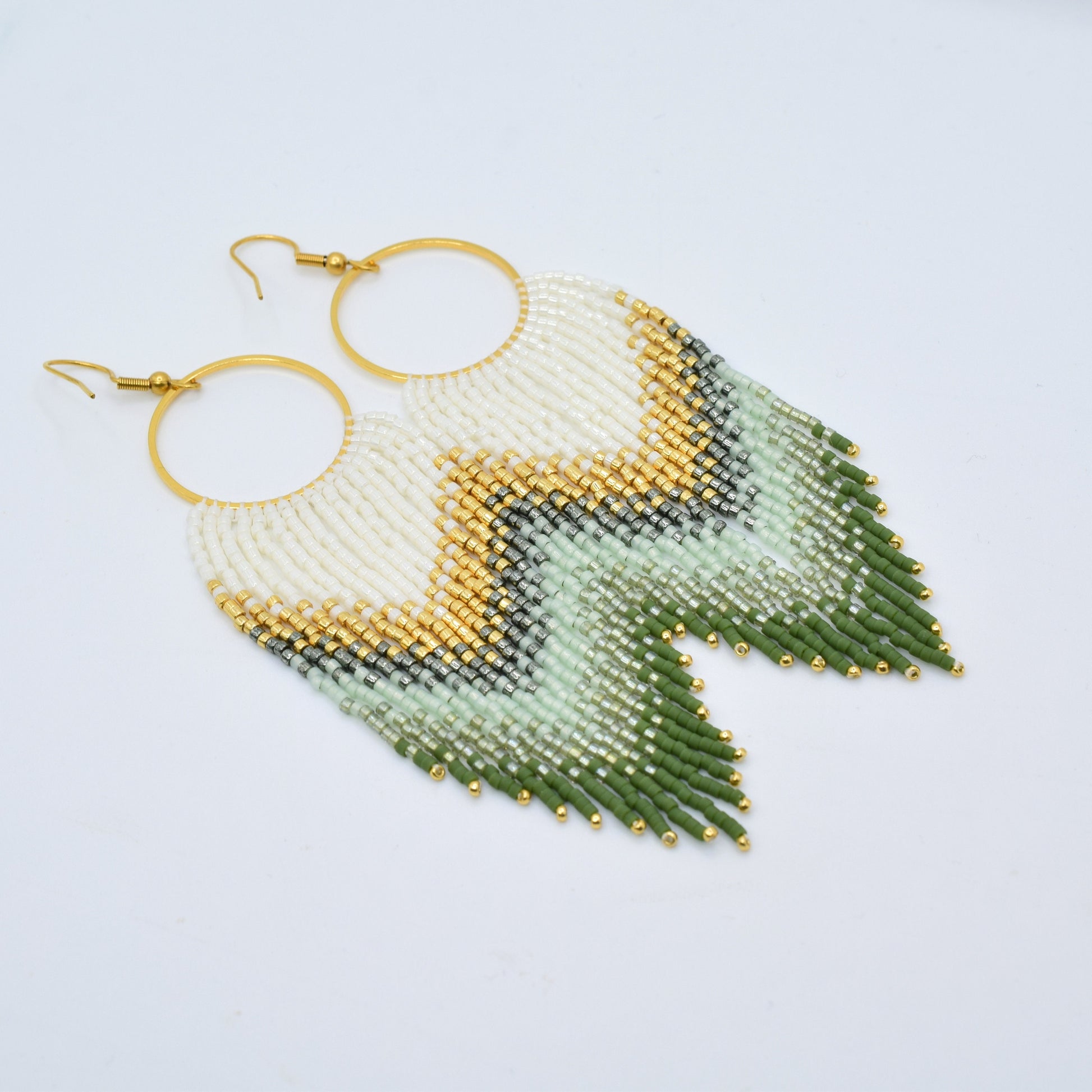 Gold and green fringe earrings, beaded earrings dangle, evening jewelry, long earrings gold, ombre earrings, birthday gift for her