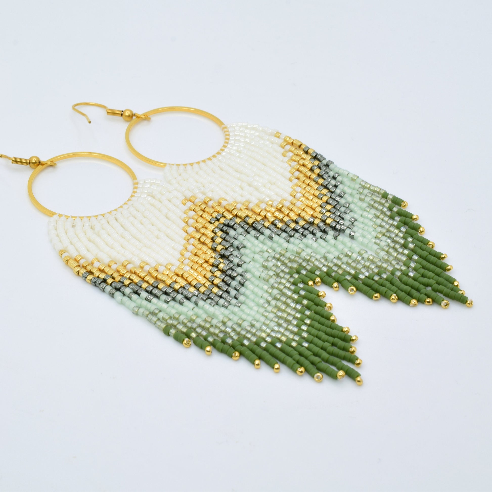 Gold and green fringe earrings, beaded earrings dangle, evening jewelry, long earrings gold, ombre earrings, birthday gift for her