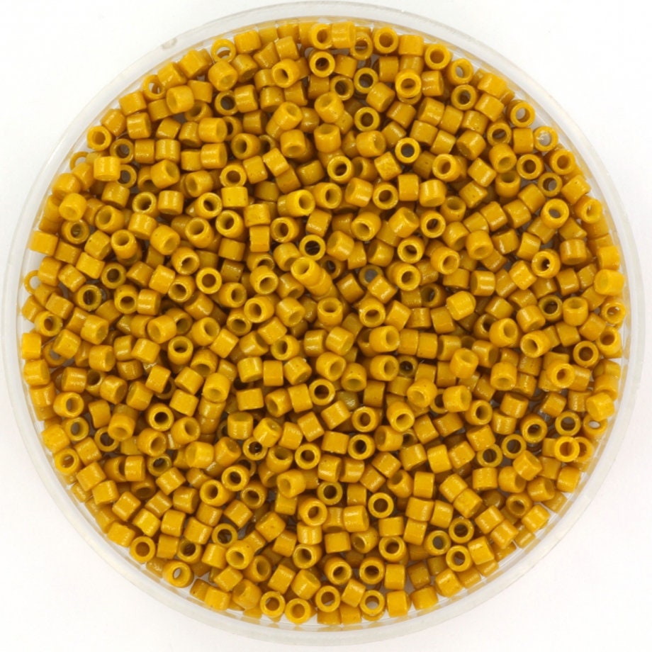 Miyuki Delica beads duracoat opaque dyed hawthorne, 5g 11/0 color DB 2106, cylindrical beads, Miyuki opaque mustard yellow DB2106