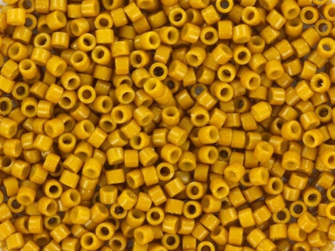 Miyuki Delica beads duracoat opaque dyed hawthorne, 5g 11/0 color DB 2106, cylindrical beads, Miyuki opaque mustard yellow DB2106