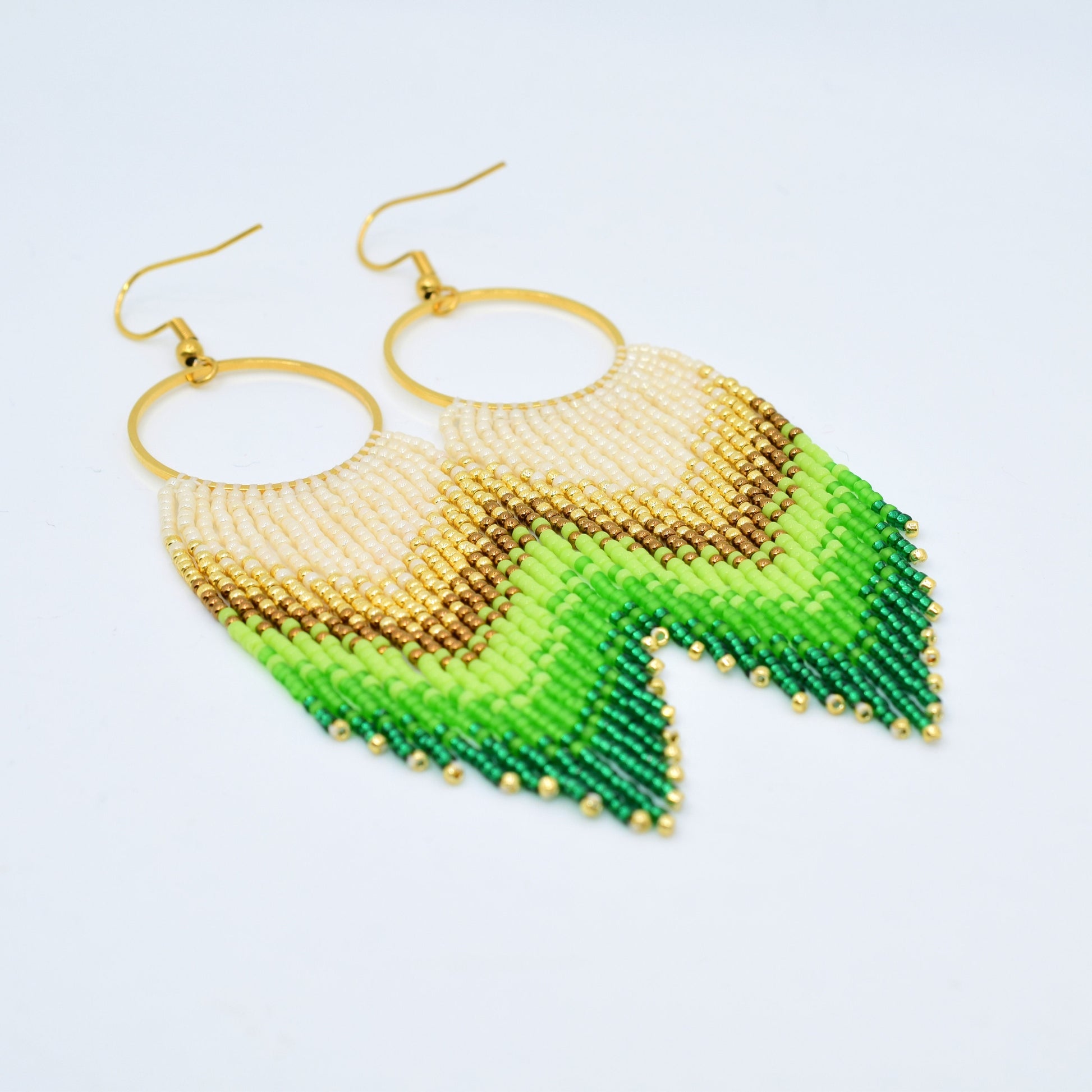 Gold and green fringe earrings, beaded earrings dangle, chandelier earrings, long earrings gold, Valentines earrings gift