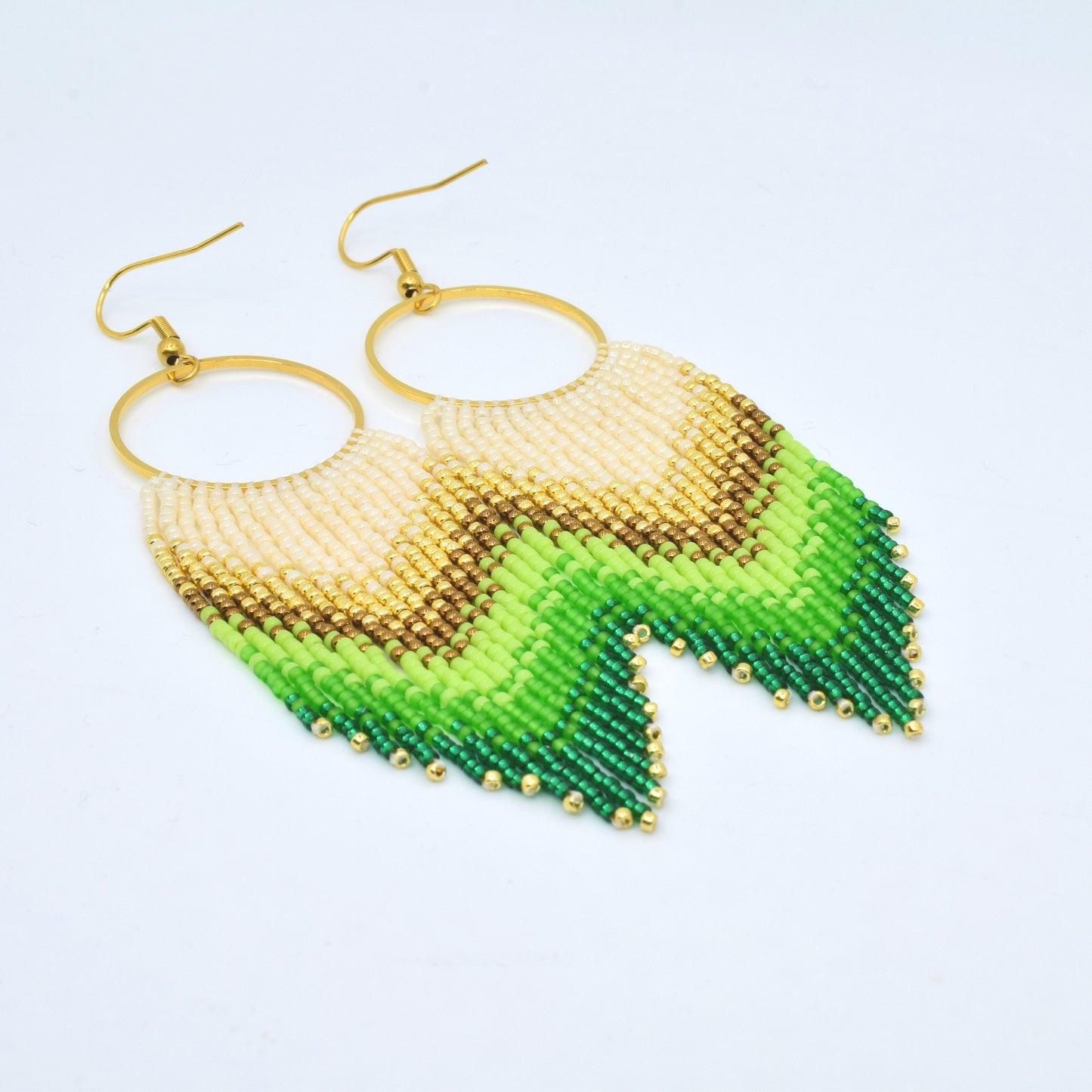 Gold and green fringe earrings, beaded earrings dangle, chandelier earrings, long earrings gold, Valentines earrings gift