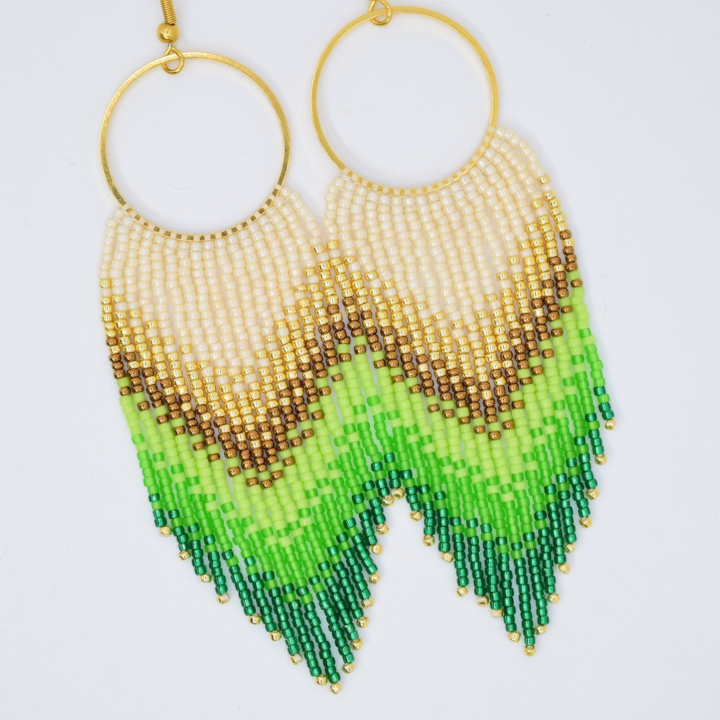 Gold and green fringe earrings, beaded earrings dangle, chandelier earrings, long earrings gold, Valentines earrings gift