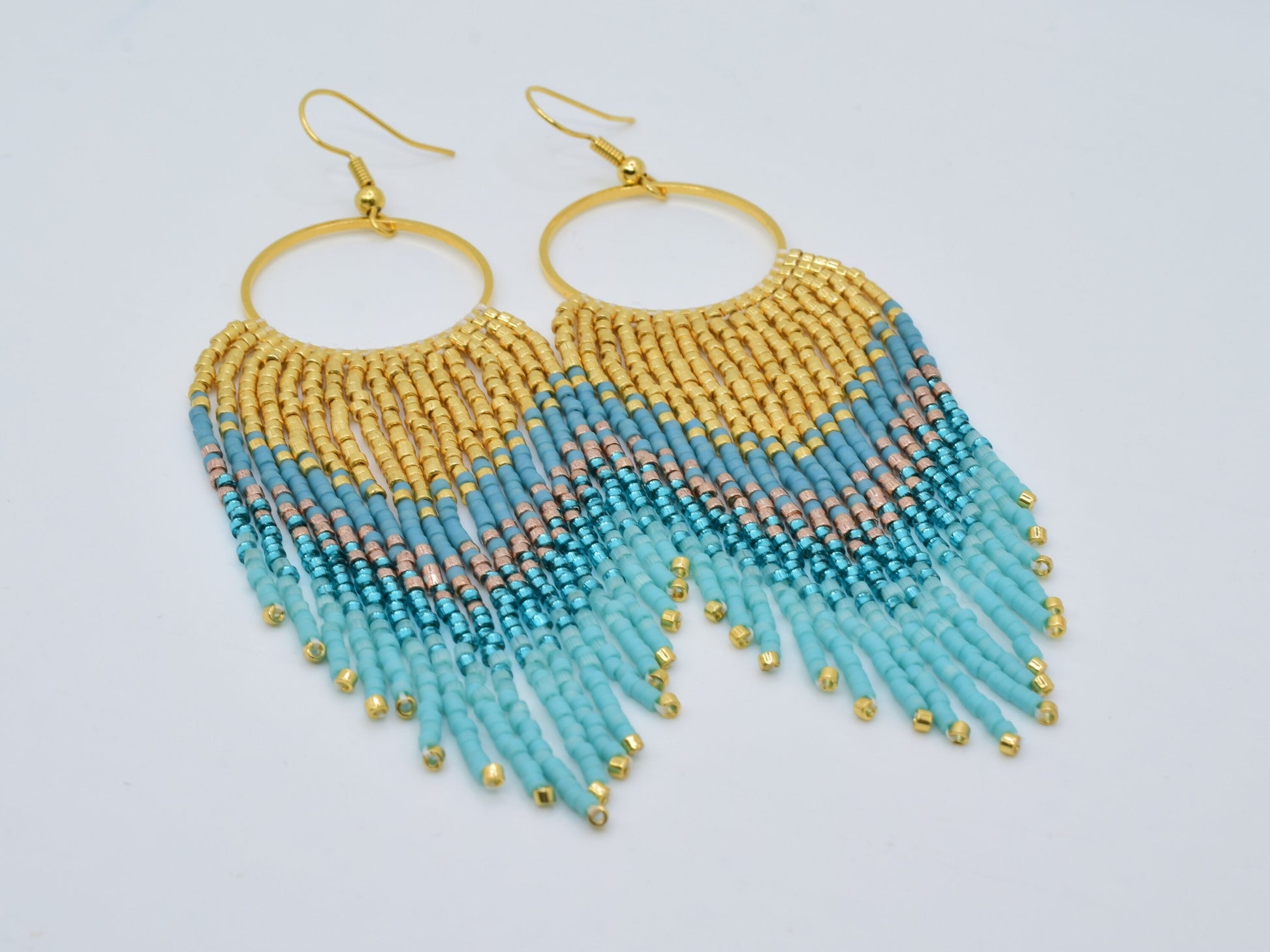 Gold and blue fringe earrings, beaded earrings dangle, evening jewelry, long earrings gold, peacock feathers earrings, birthday gift for her