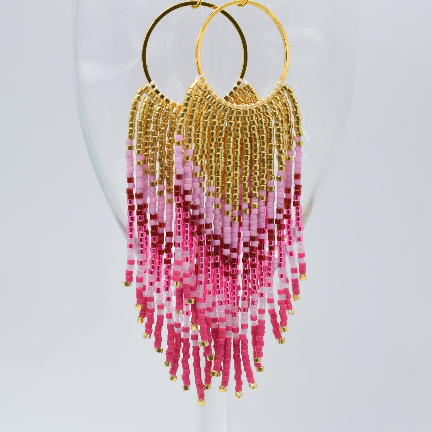 Gold and pink fringe earrings, beaded earrings dangle, evening jewelry, long earrings gold, large boho earrings, birthday gift for her