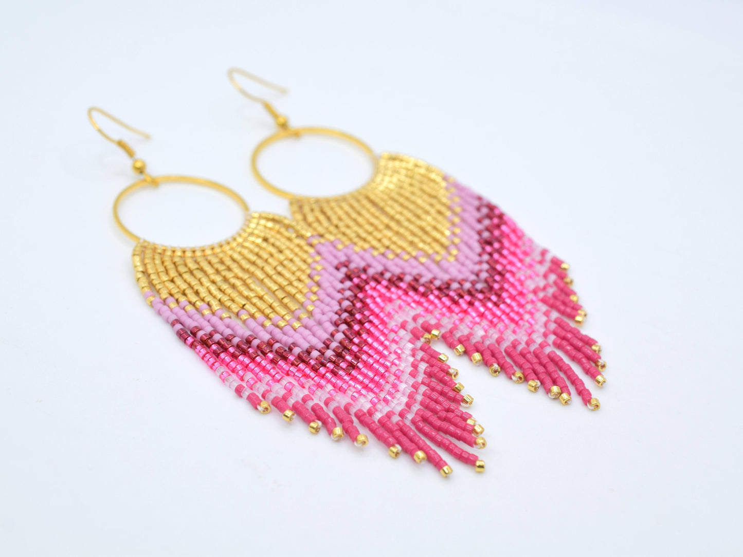 Gold and pink fringe earrings, beaded earrings dangle, evening jewelry, long earrings gold, large boho earrings, birthday gift for her