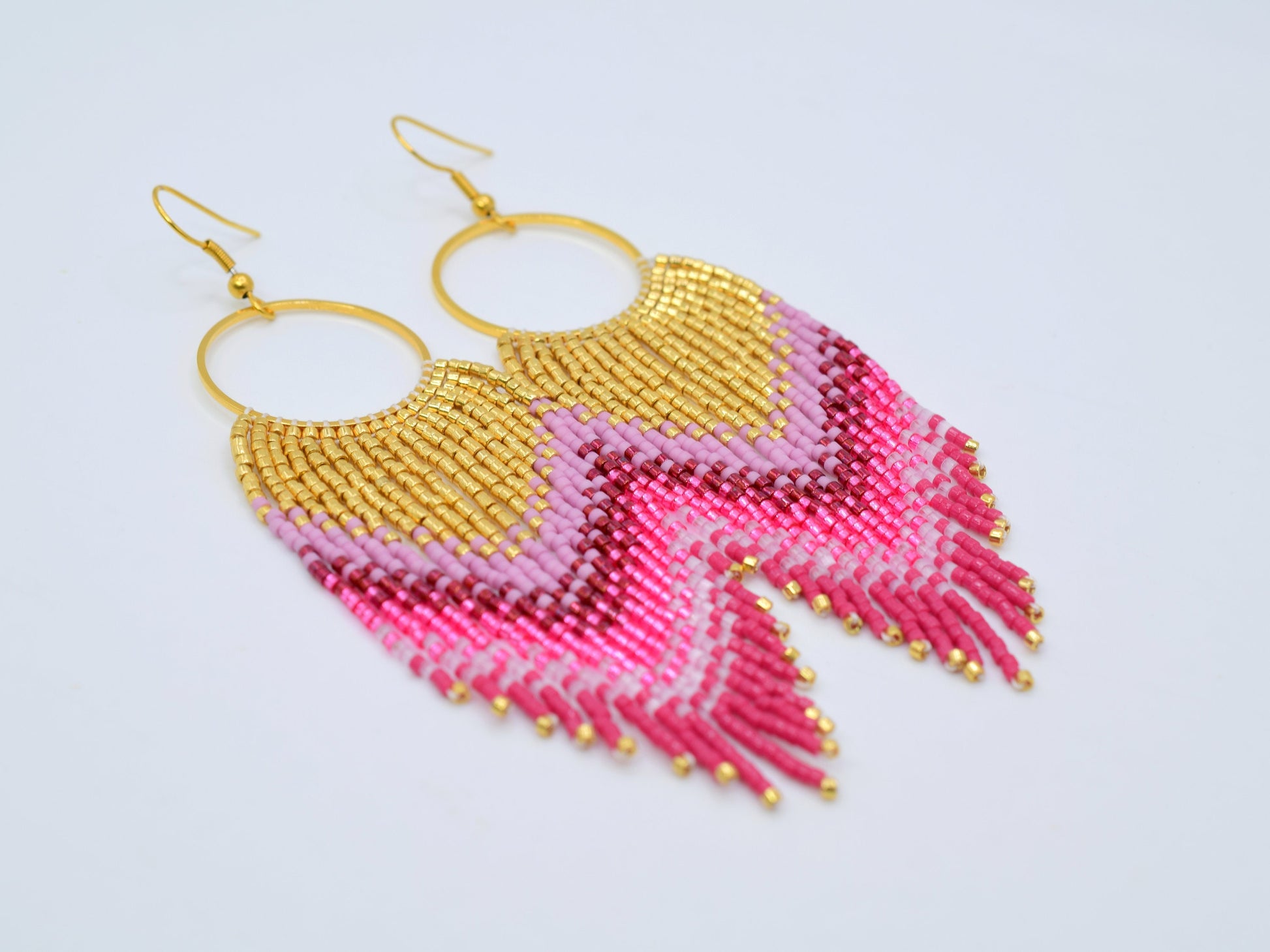 Gold and pink fringe earrings, beaded earrings dangle, evening jewelry, long earrings gold, large boho earrings, birthday gift for her