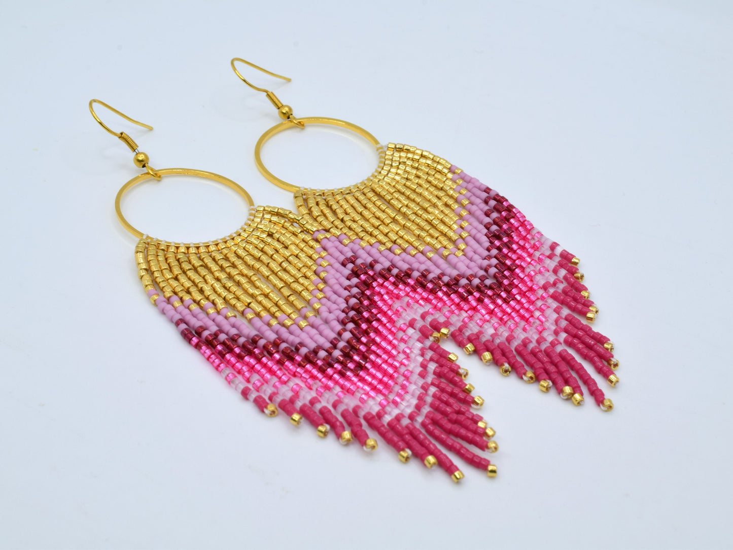 Gold and pink fringe earrings, beaded earrings dangle, evening jewelry, long earrings gold, large boho earrings, birthday gift for her