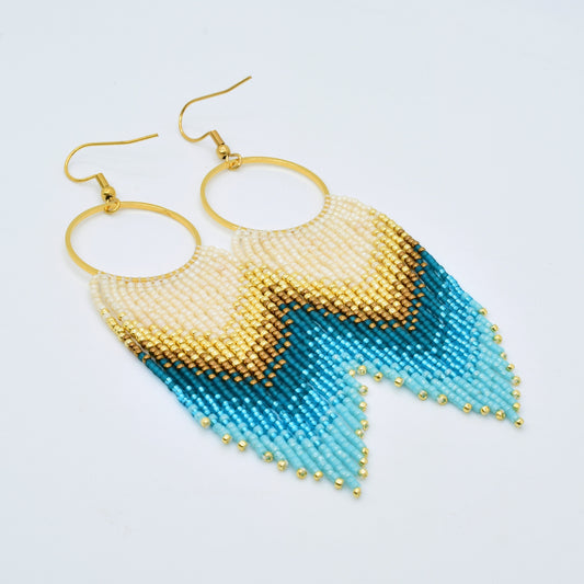 Gold and blue fringe earrings, beaded earrings dangle, evening jewelry, long earrings gold, Valentines earrings dangle, boho earrings