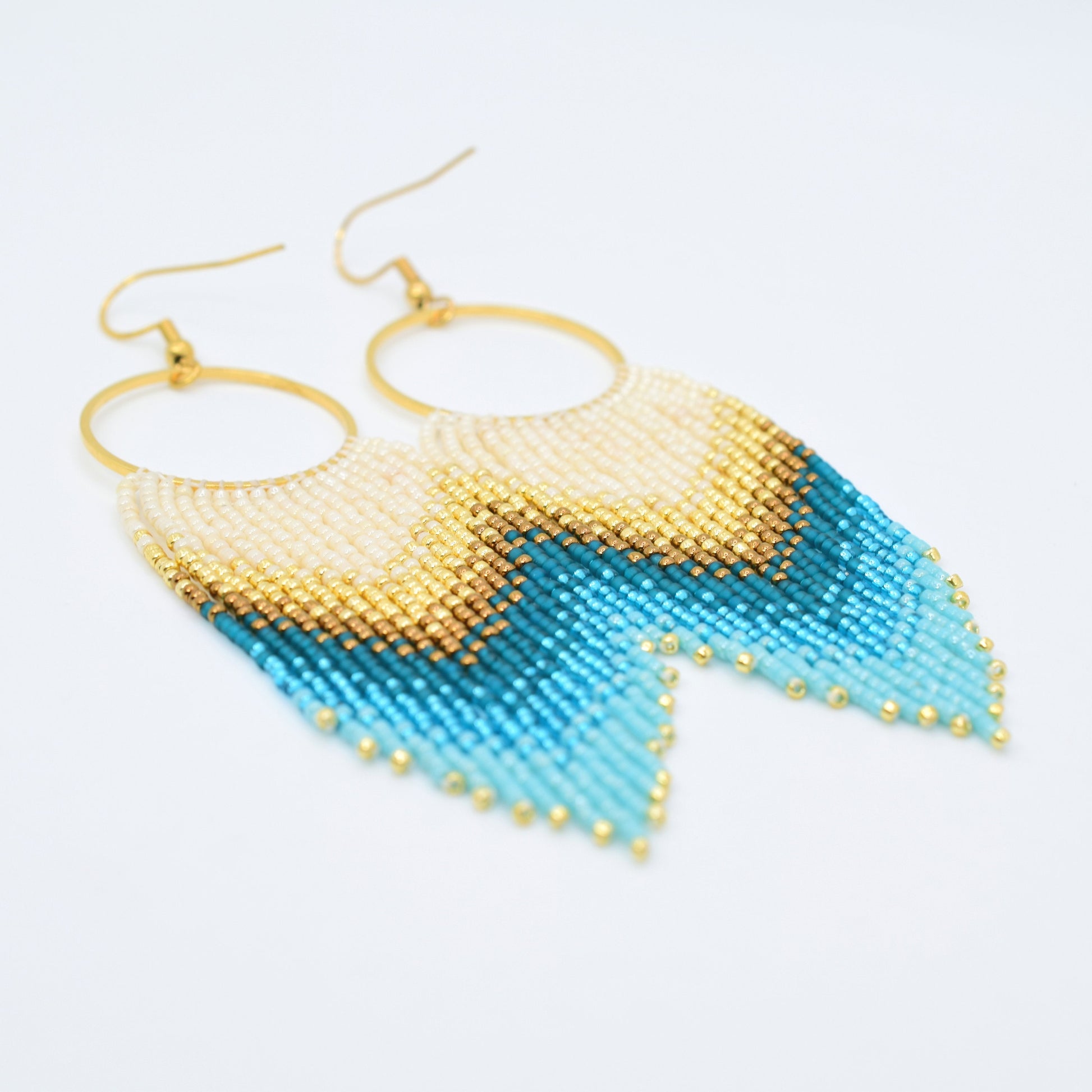 Gold and blue fringe earrings, beaded earrings dangle, evening jewelry, long earrings gold, Valentines earrings dangle, boho earrings