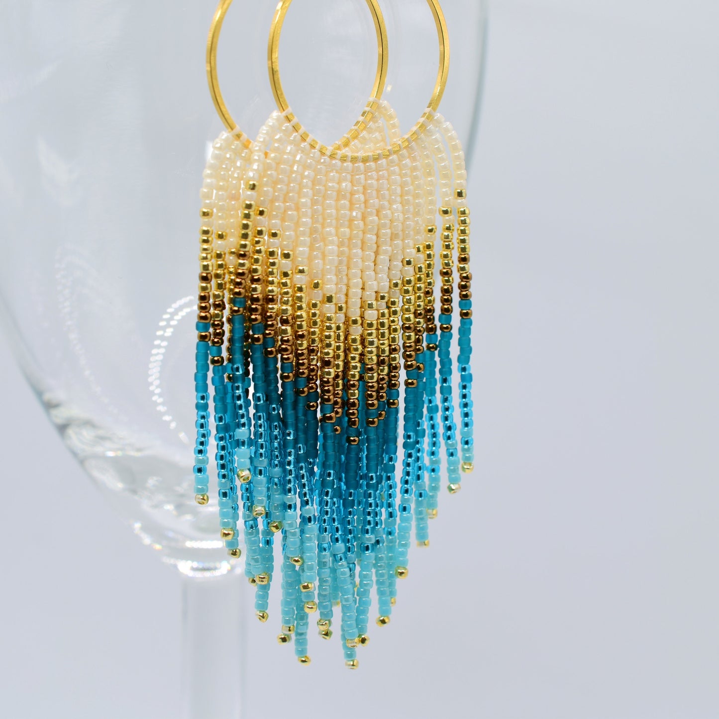 Gold and blue fringe earrings, beaded earrings dangle, evening jewelry, long earrings gold, Valentines earrings dangle, boho earrings