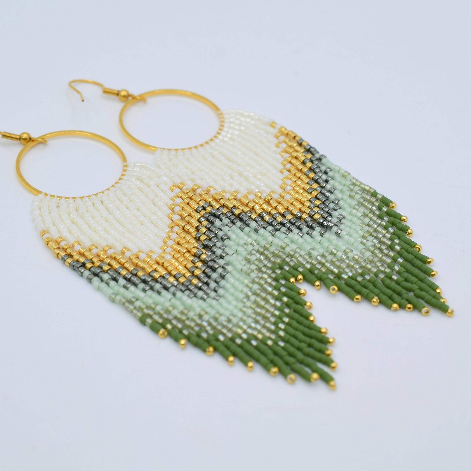 Gold and green fringe earrings, beaded earrings dangle, evening jewelry, long earrings gold, ombre earrings, birthday gift for her