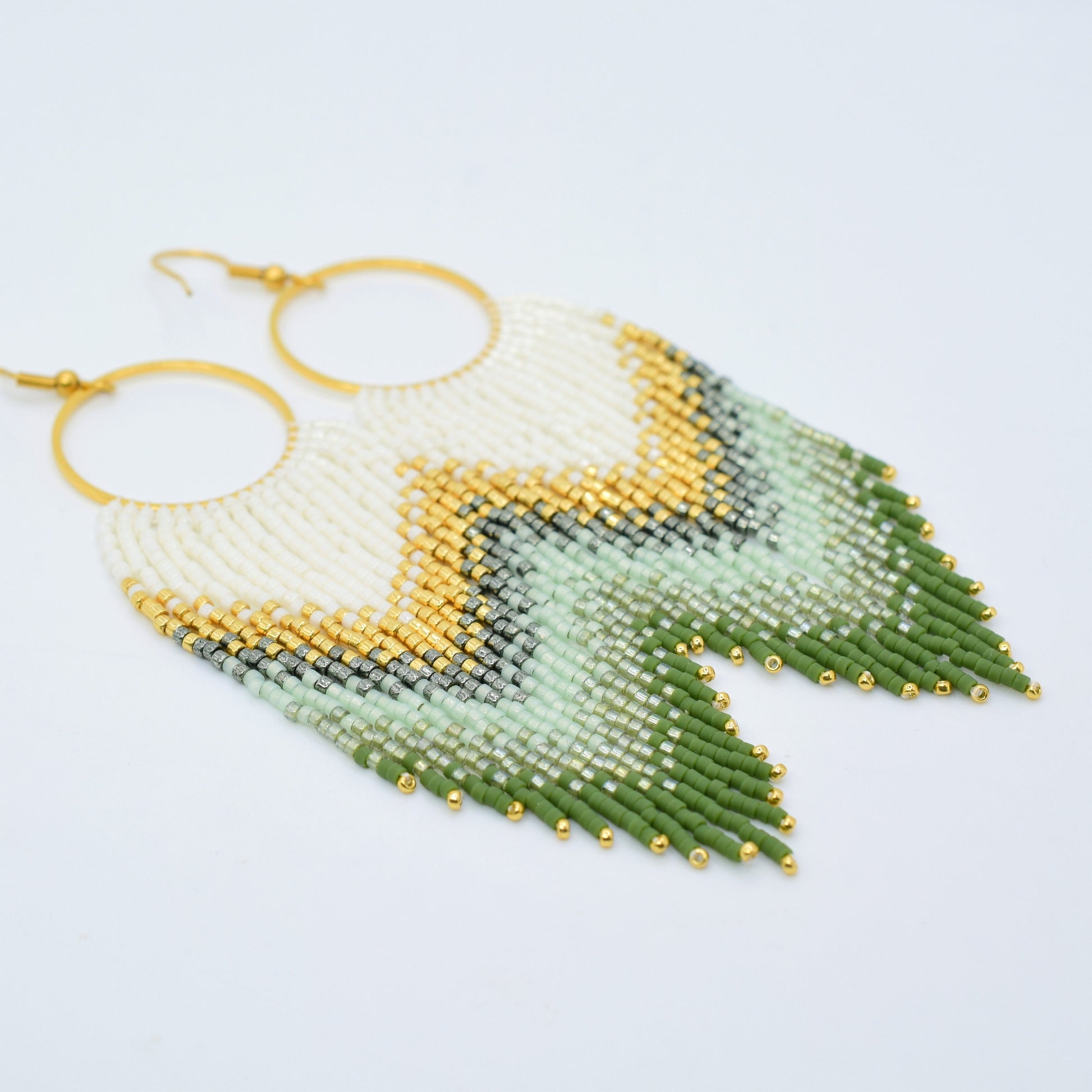 Gold and green fringe earrings, beaded earrings dangle, evening jewelry, long earrings gold, ombre earrings, birthday gift for her