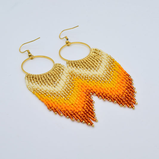 Gold and orange fringe earrings, beaded earrings dangle, long earrings gold, ombre earrings, birthday gift for her, chandelier earrings bead