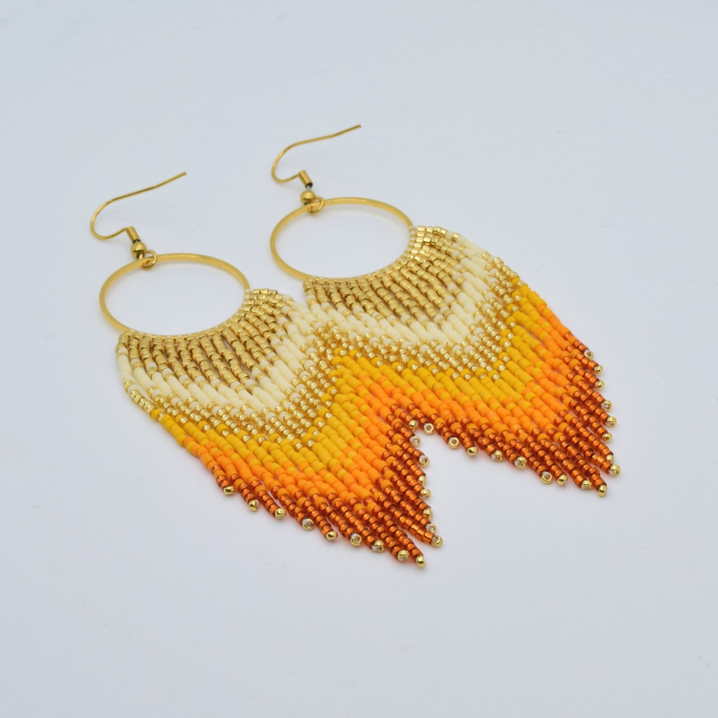 Gold and orange fringe earrings, beaded earrings dangle, long earrings gold, ombre earrings, birthday gift for her, chandelier earrings bead