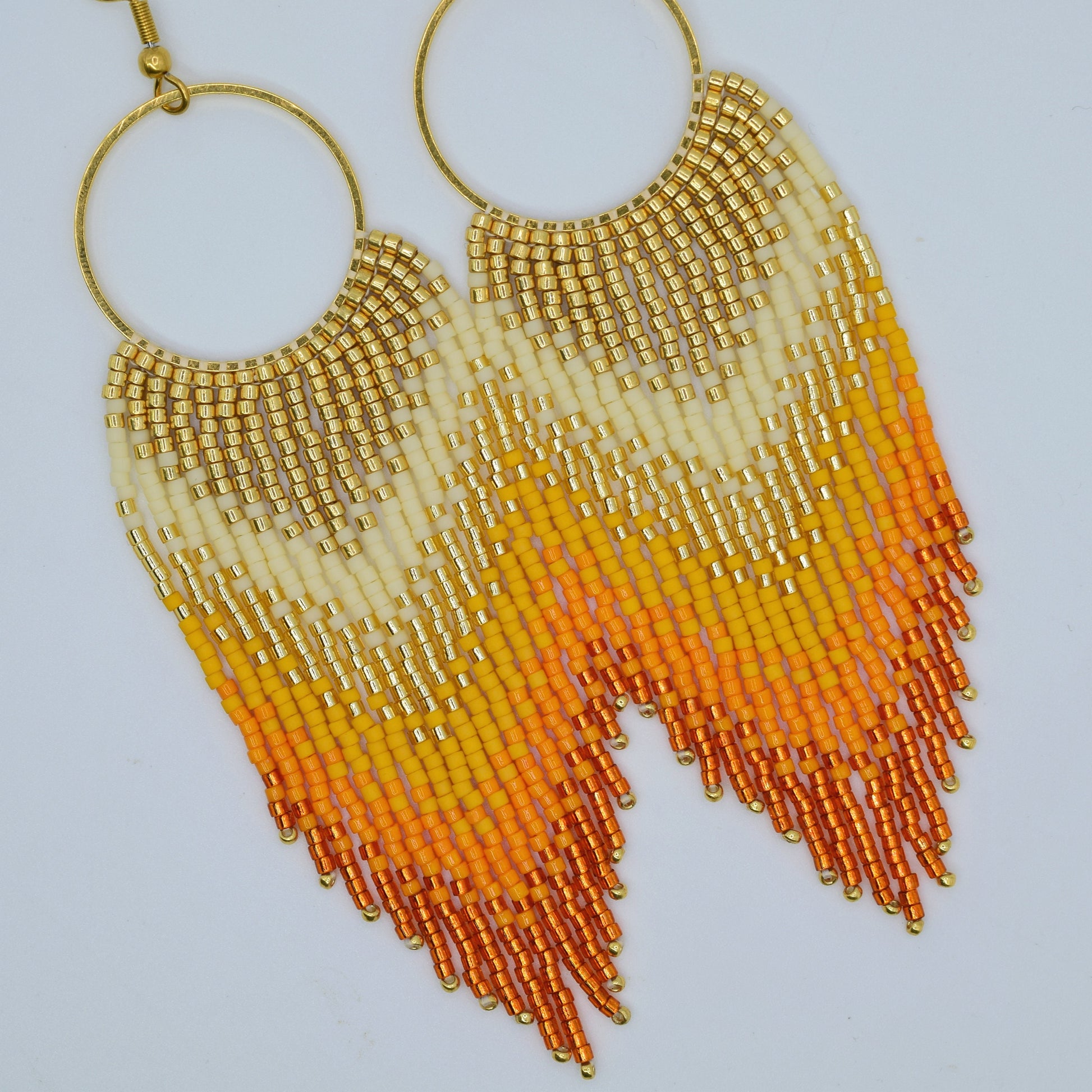 Gold and orange fringe earrings, beaded earrings dangle, long earrings gold, ombre earrings, birthday gift for her, chandelier earrings bead