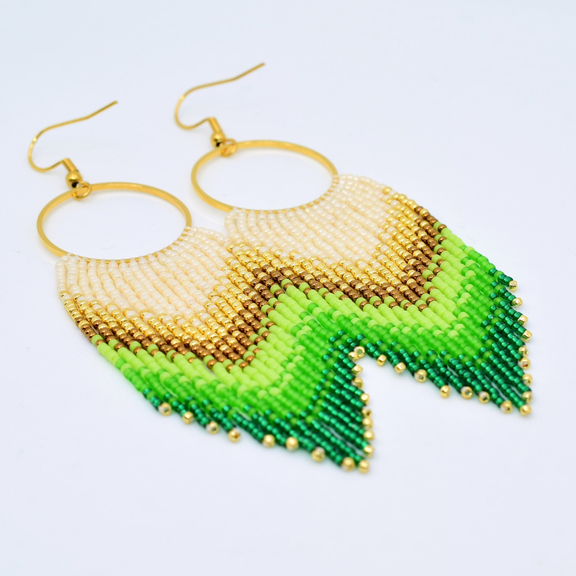 Gold and green fringe earrings, beaded earrings dangle, chandelier earrings, long earrings gold, Valentines earrings gift