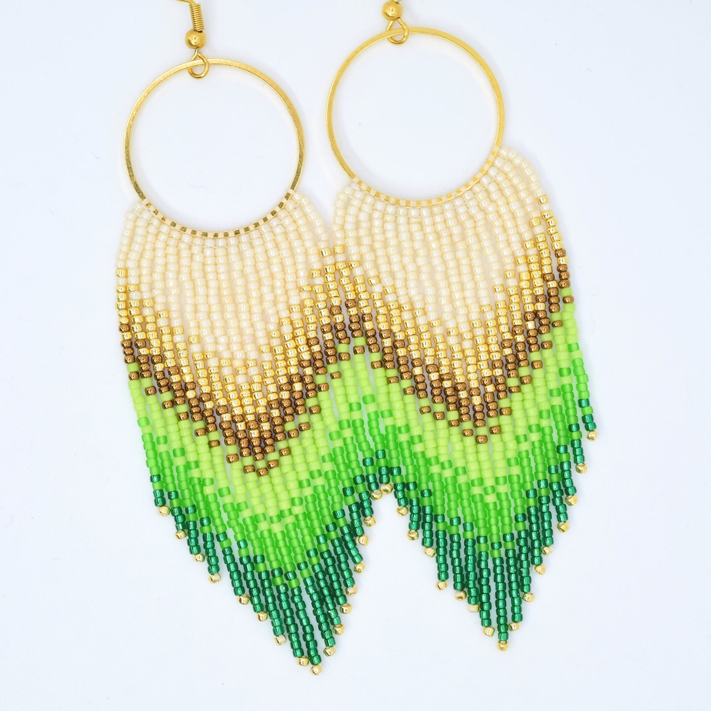 Gold and green fringe earrings, beaded earrings dangle, chandelier earrings, long earrings gold, Valentines earrings gift