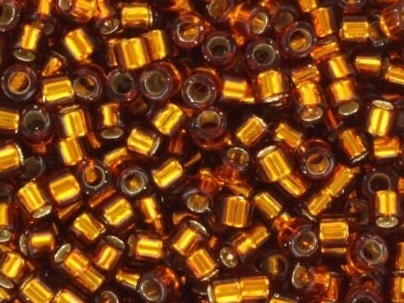 Miyuki Delica beads silverlined dark topaz, 5g 11/0 DB144, cylindrical beads, size 1.6mm, transparent brown Miyuki, color DB 144, amber