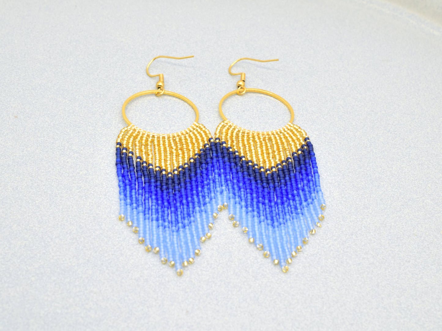 Gold and blue fringe earrings, evening jewelry, long earrings gold, birthday gift for her jewelry, ombre earrings, statement earrings dangle