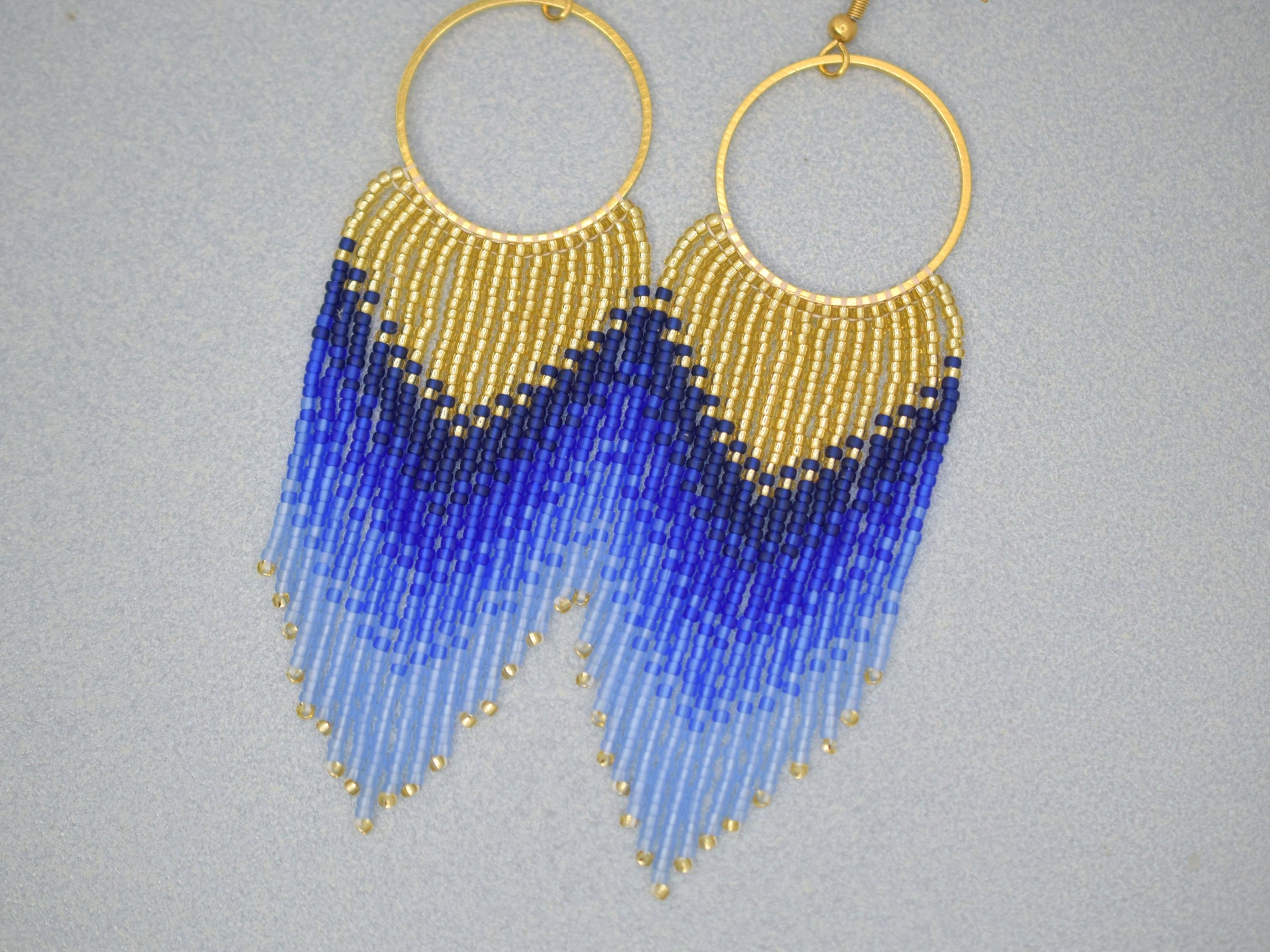 Gold and blue fringe earrings, evening jewelry, long earrings gold, birthday gift for her jewelry, ombre earrings, statement earrings dangle