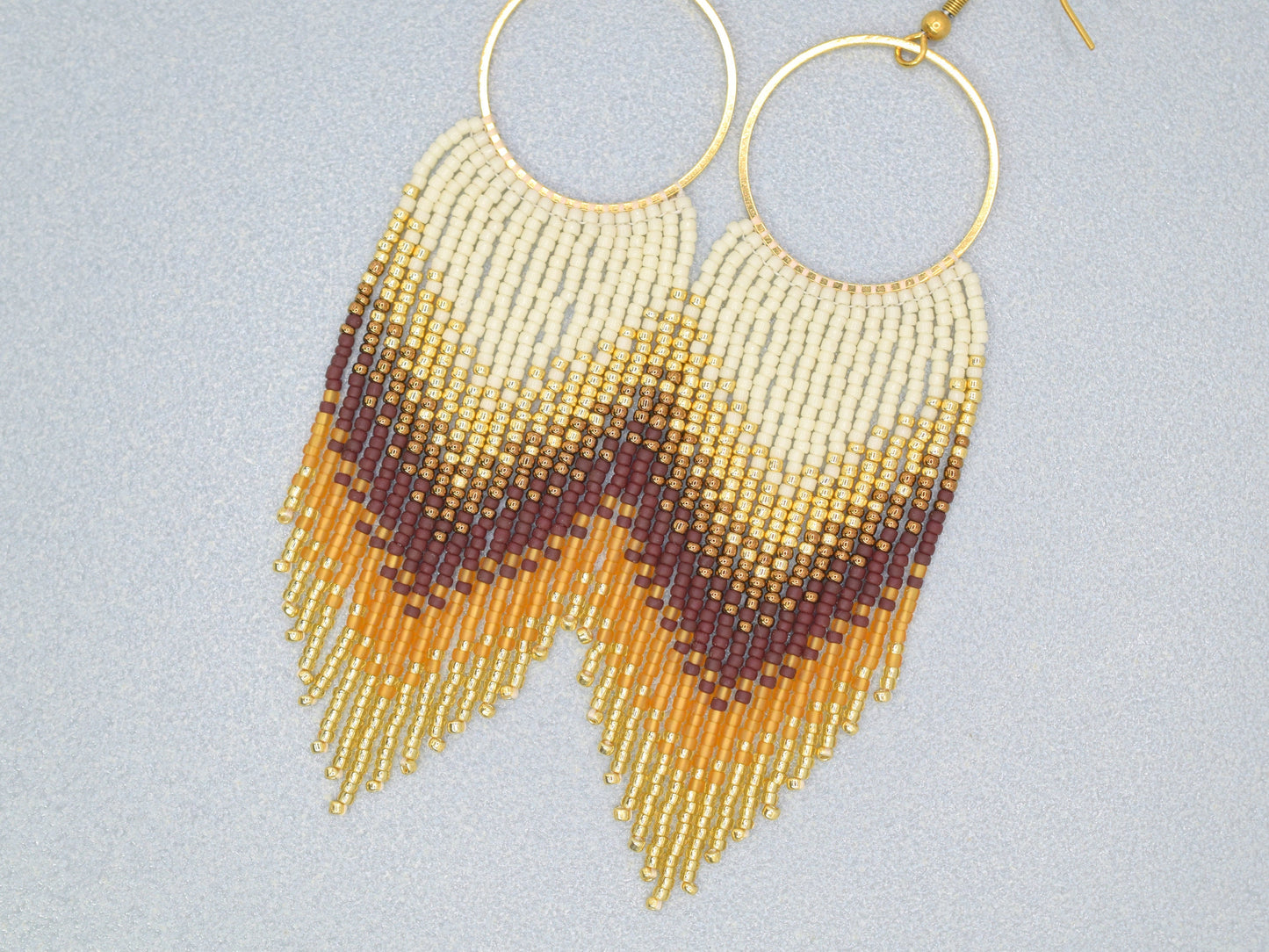 Gold, brown and orange fringe earrings, beaded earrings dangle, long earrings gold, birthday gift for her jewelry, boho earrings