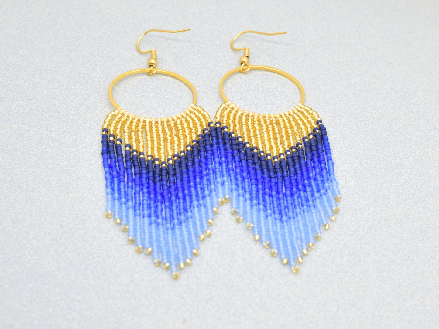 Gold and blue fringe earrings, evening jewelry, long earrings gold, birthday gift for her jewelry, ombre earrings, statement earrings dangle