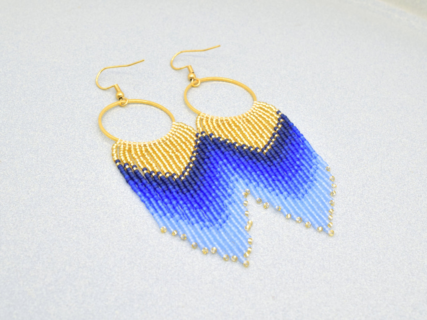 Gold and blue fringe earrings, evening jewelry, long earrings gold, birthday gift for her jewelry, ombre earrings, statement earrings dangle