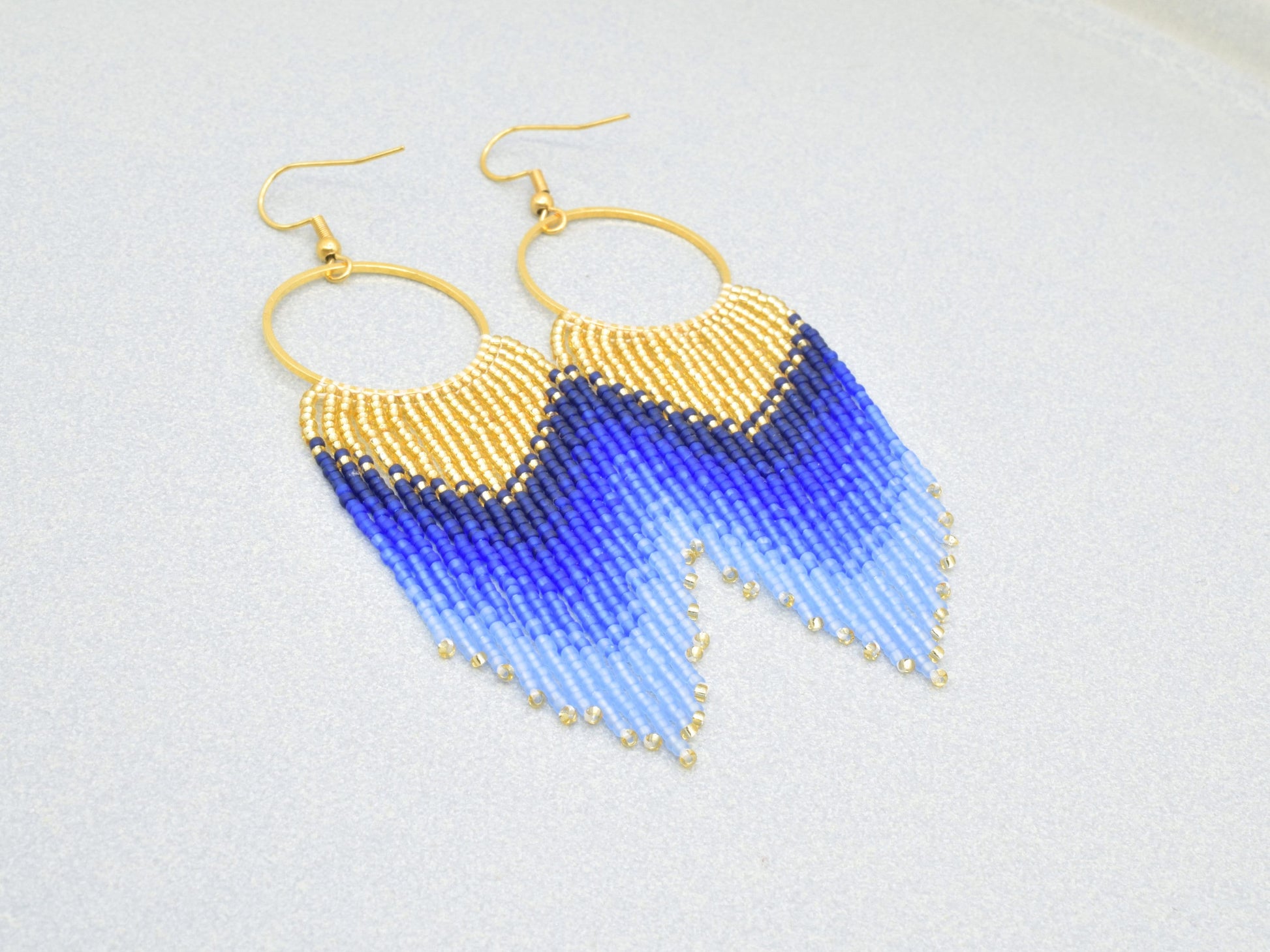 Gold and blue fringe earrings, evening jewelry, long earrings gold, birthday gift for her jewelry, ombre earrings, statement earrings dangle