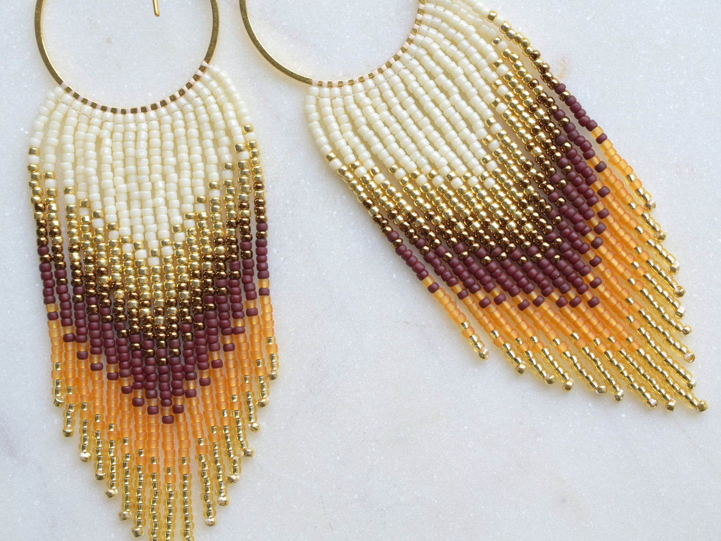 Gold, brown and orange fringe earrings, beaded earrings dangle, long earrings gold, birthday gift for her jewelry, boho earrings