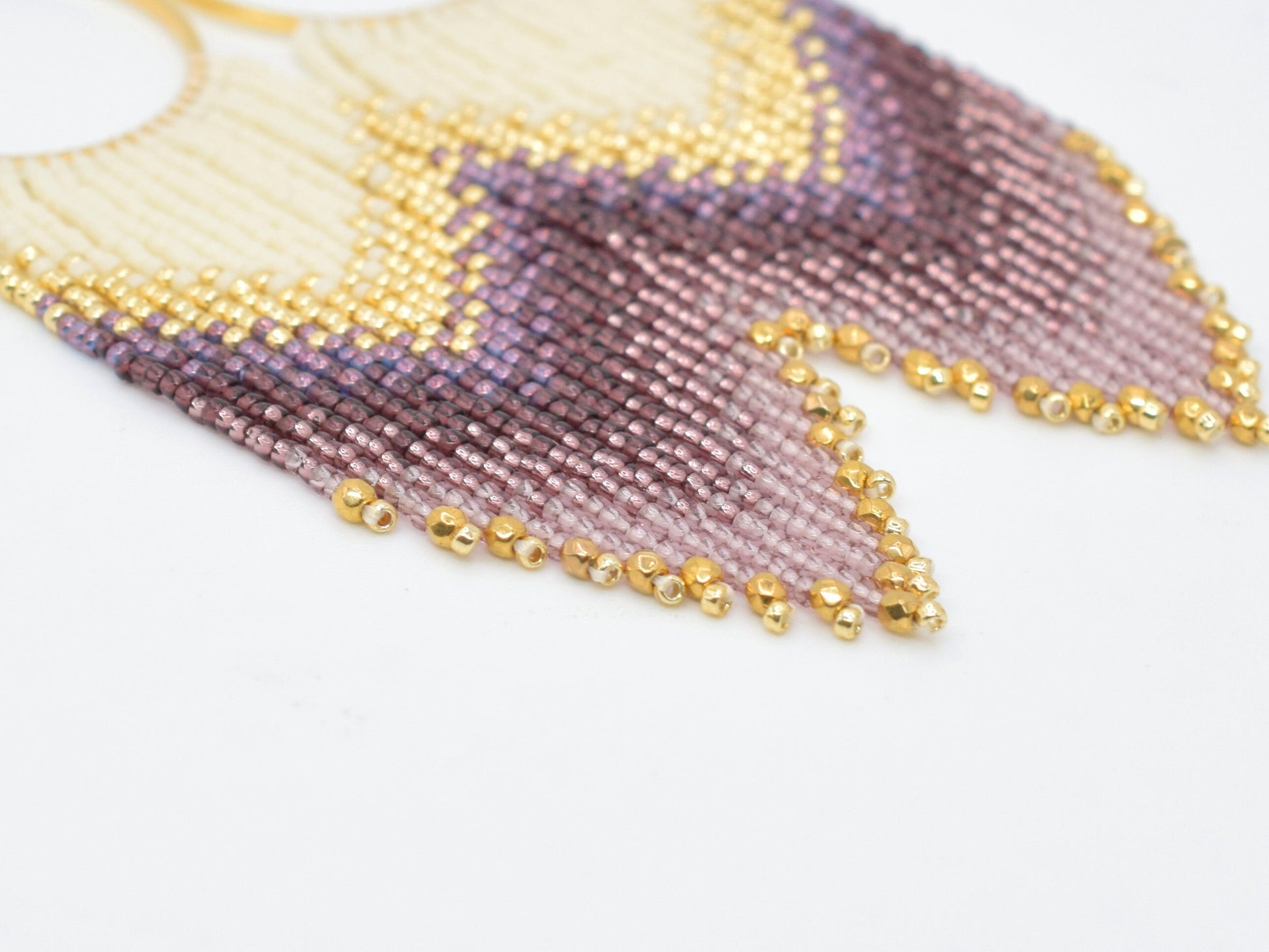 Gold and violet fringe earrings, beaded earrings dangle, long earrings gold, birthday gift for her jewelry, boho earrings, purple earrings