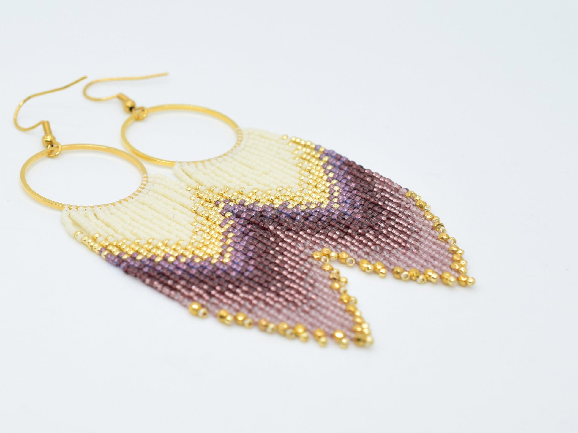 Gold and violet fringe earrings, beaded earrings dangle, long earrings gold, birthday gift for her jewelry, boho earrings, purple earrings