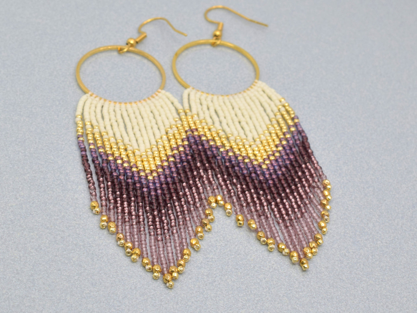 Gold and violet fringe earrings, beaded earrings dangle, long earrings gold, birthday gift for her jewelry, boho earrings, purple earrings