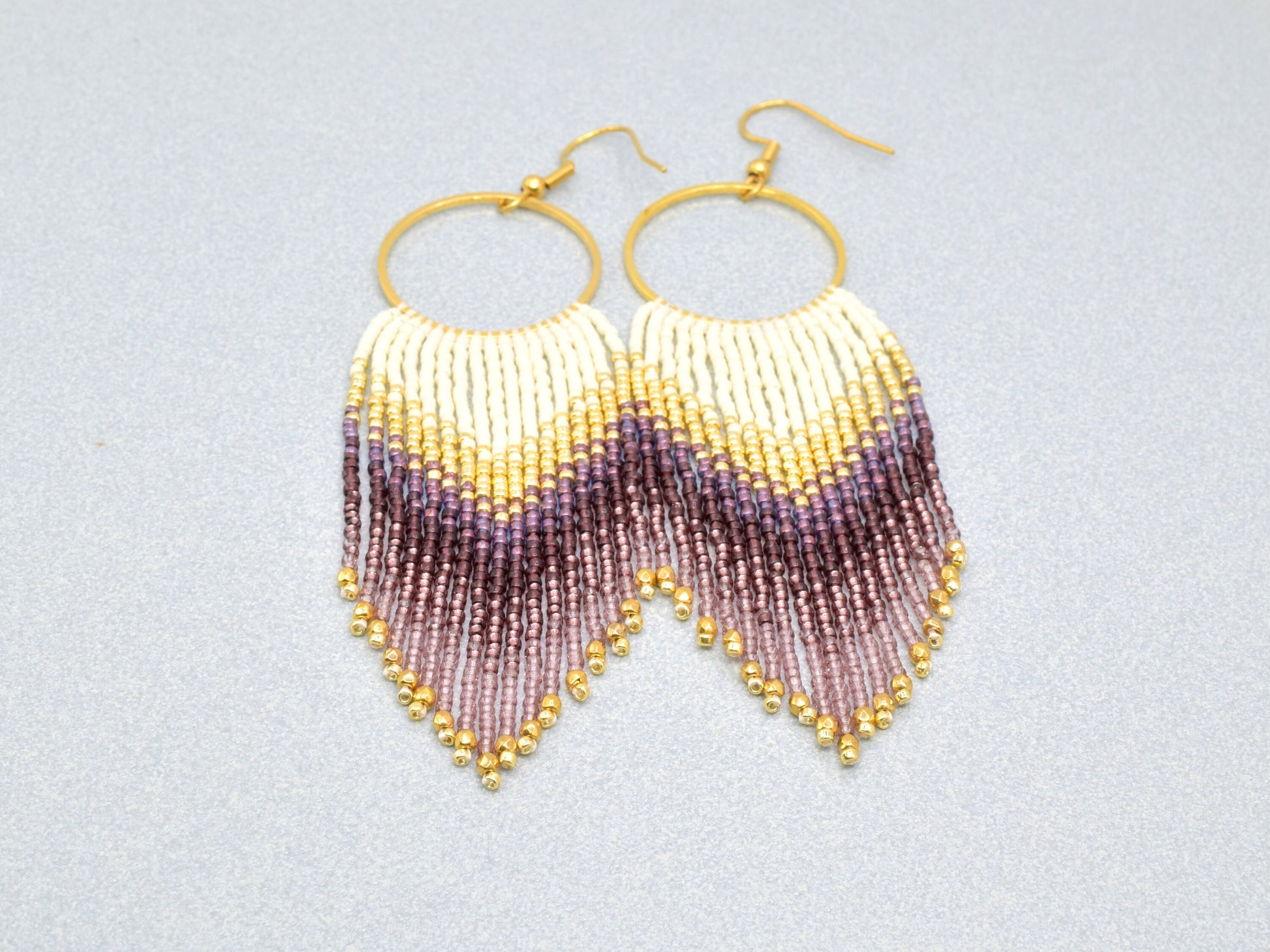 Gold and violet fringe earrings, beaded earrings dangle, long earrings gold, birthday gift for her jewelry, boho earrings, purple earrings