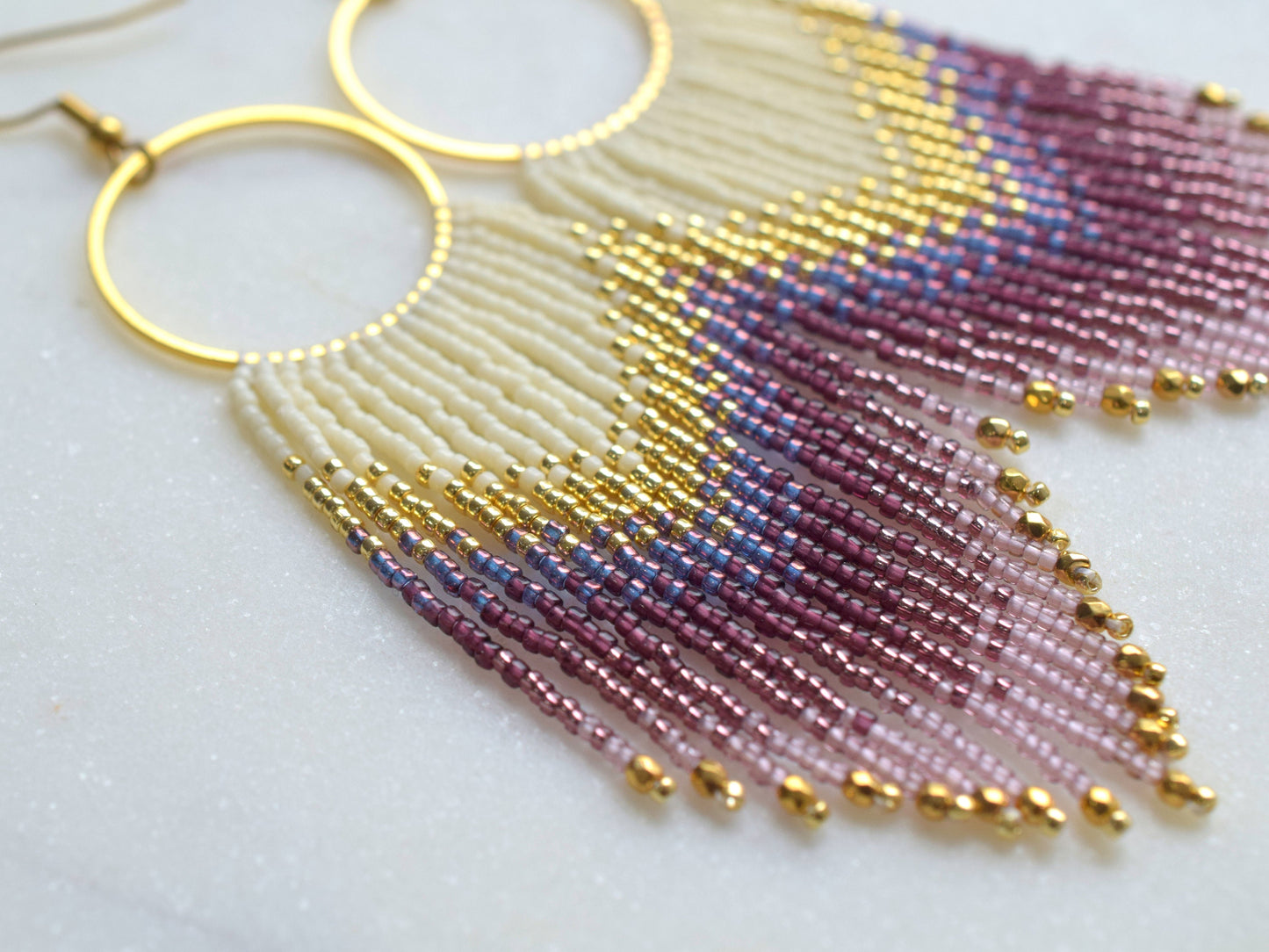 Gold and violet fringe earrings, beaded earrings dangle, long earrings gold, birthday gift for her jewelry, boho earrings, purple earrings