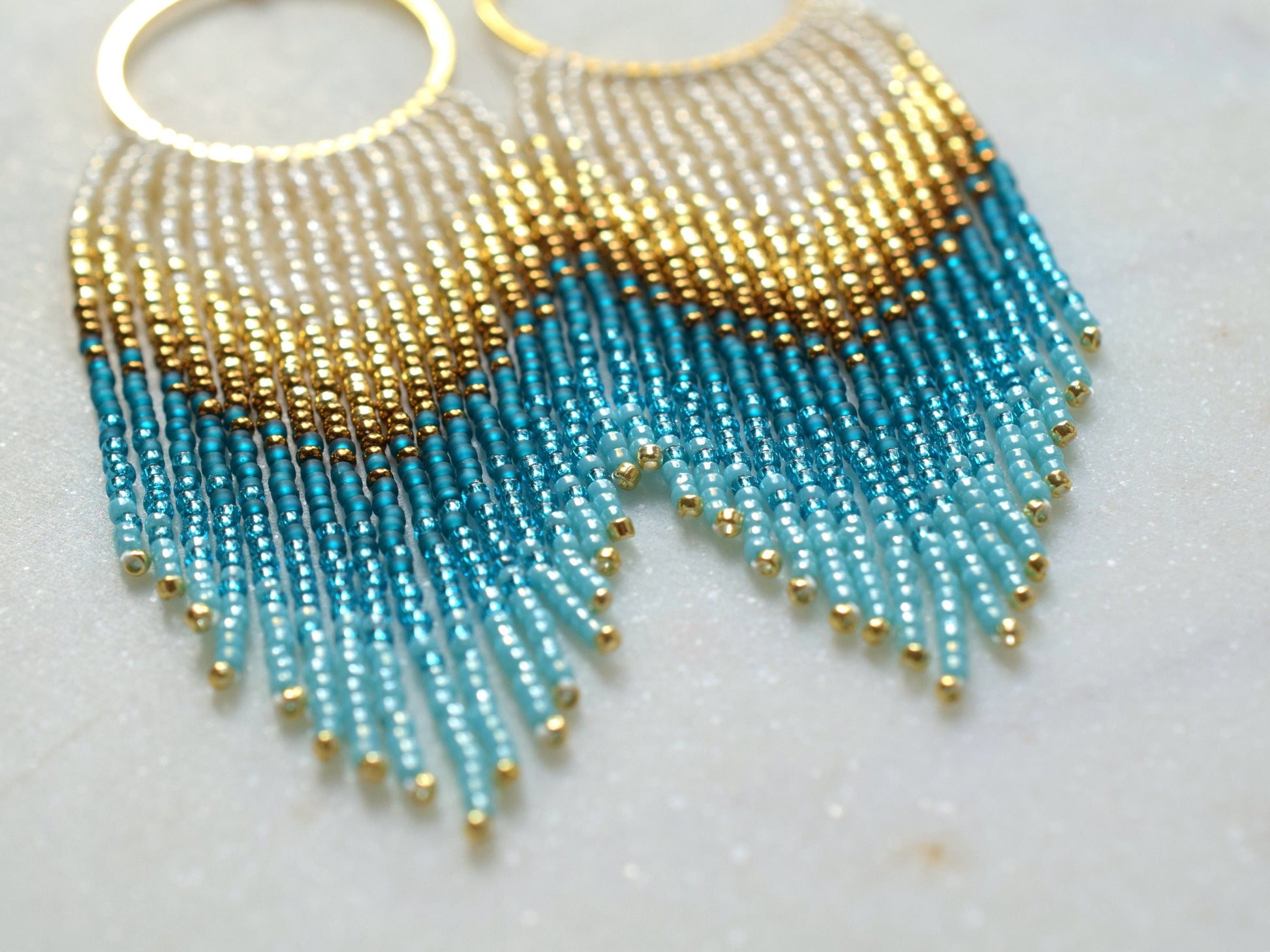 Gold and blue fringe earrings, beaded earrings dangle, evening jewelry, long earrings gold, Valentines earrings dangle, boho earrings