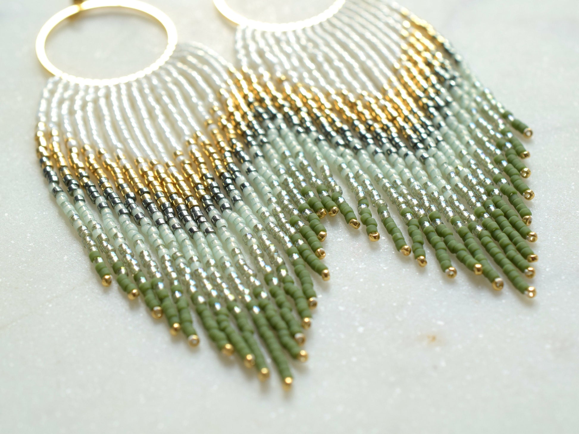 Gold and green fringe earrings, beaded earrings dangle, evening jewelry, long earrings gold, ombre earrings, birthday gift for her