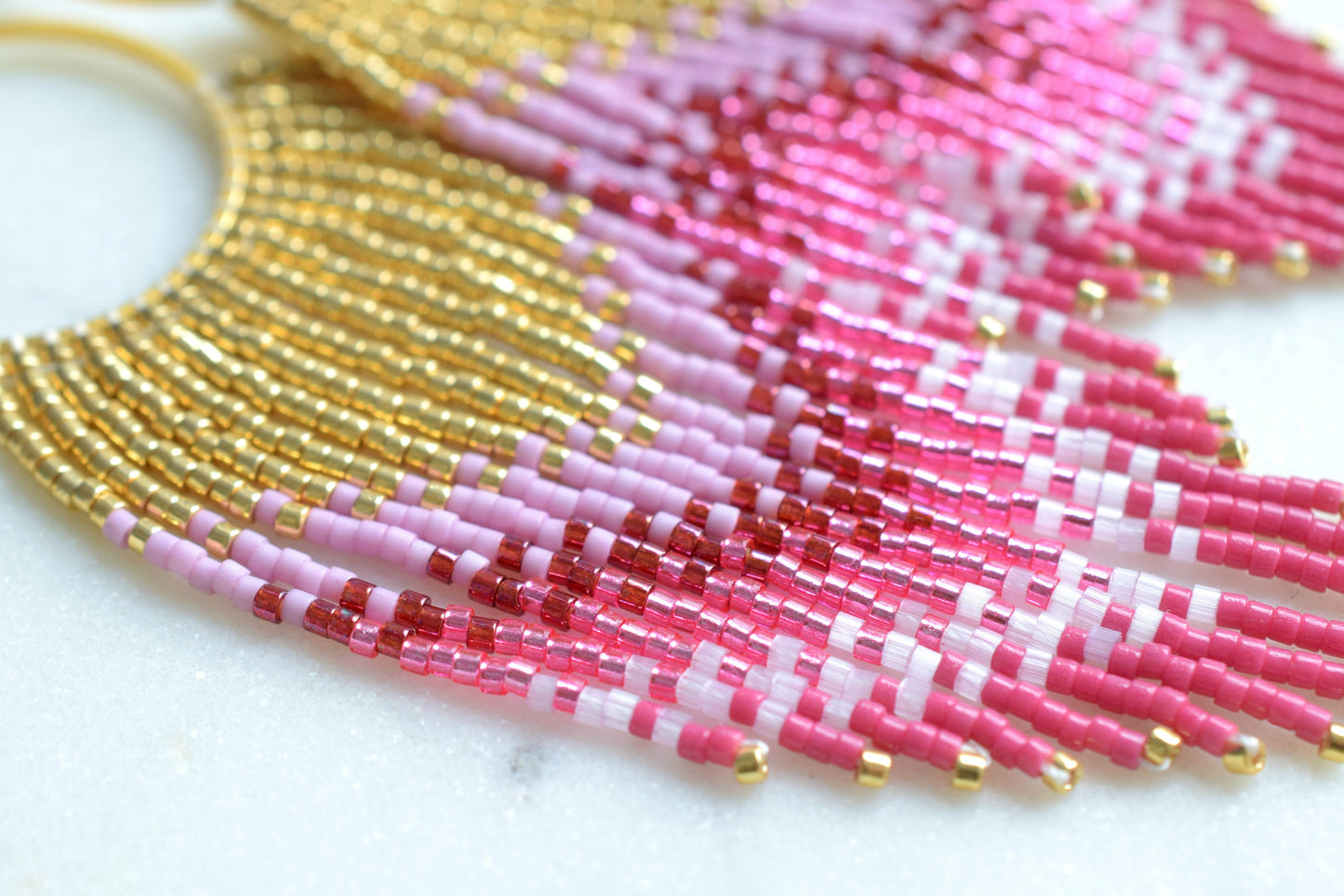 Gold and pink fringe earrings, beaded earrings dangle, evening jewelry, long earrings gold, large boho earrings, birthday gift for her