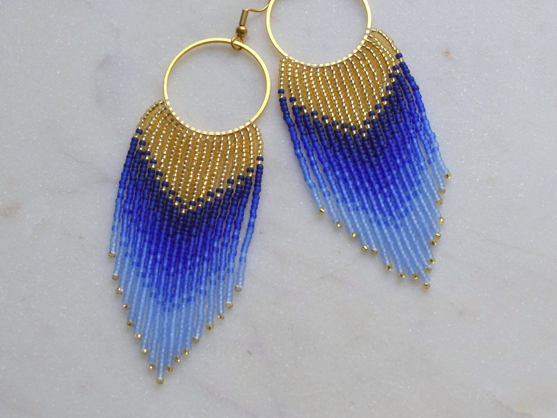 Gold and blue fringe earrings, evening jewelry, long earrings gold, birthday gift for her jewelry, ombre earrings, statement earrings dangle